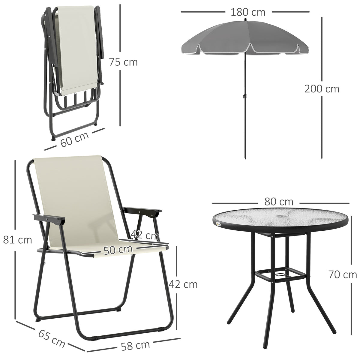 Conjunto de Mesa e Cadeiras de Jardim de 6 Peças Móveis de Jardim Exterior com 4 Cadeiras Dobráveis Mesa de Vidro e Chapéu de Sol para Terraço Pátio Creme — foto 3