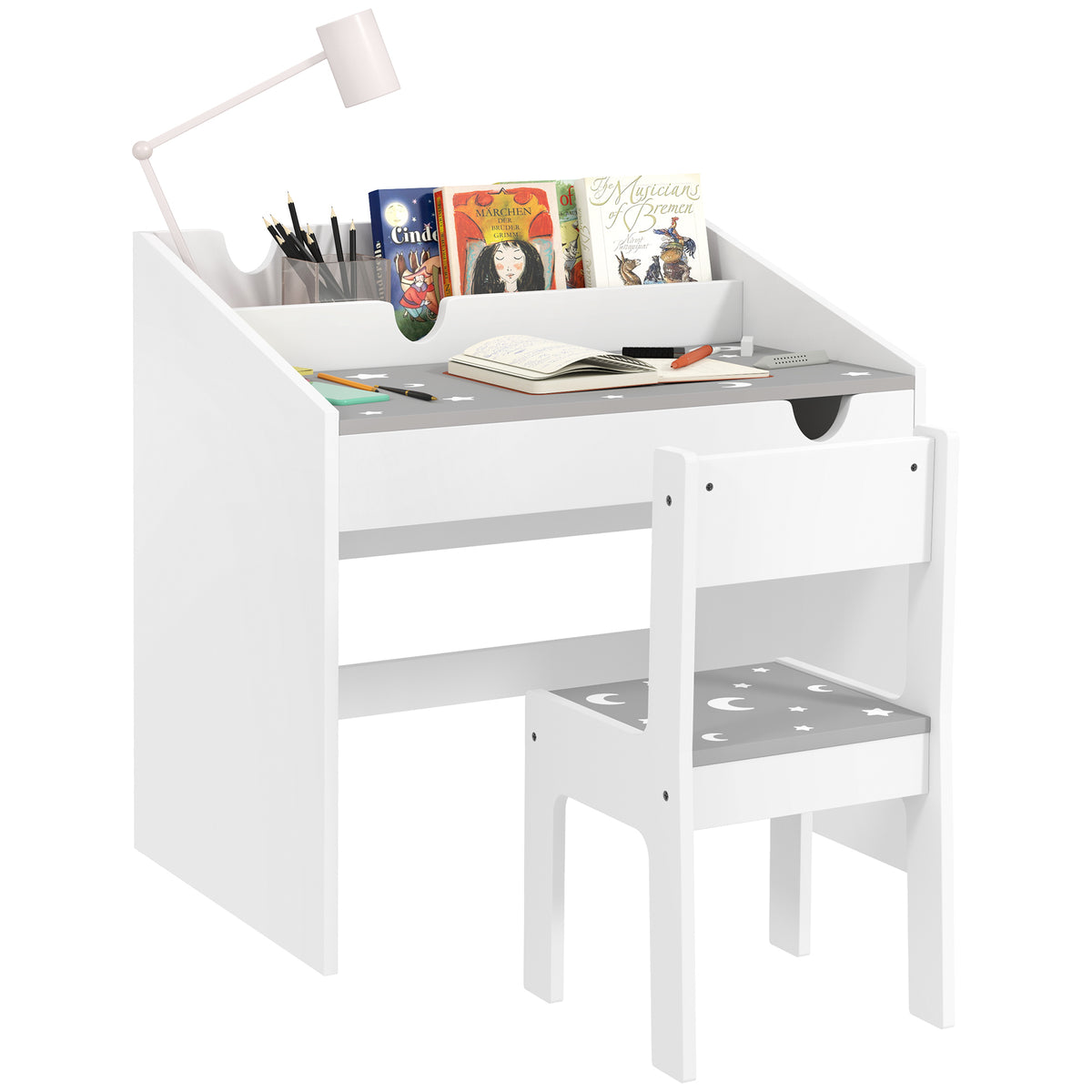 Conjunto de Secretária e Cadeira para Crianças acima de 3 Anos Secretária Infantil com Gaveta Amovível e Compartimento para Dormitório Sala de Jogos Cinza e Branco — foto 1