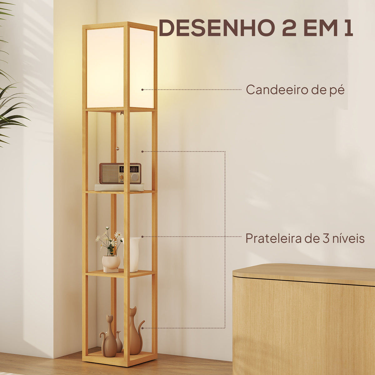 Candeeiro de Pé de Madeira com 3 Prateleiras De Armazenamento para Lâmpada E27 Potência Máx. 40W Candeeiro Moderno para Sala de Estar Dormitório 26x26x160 cm Madeira e Branco — foto 4