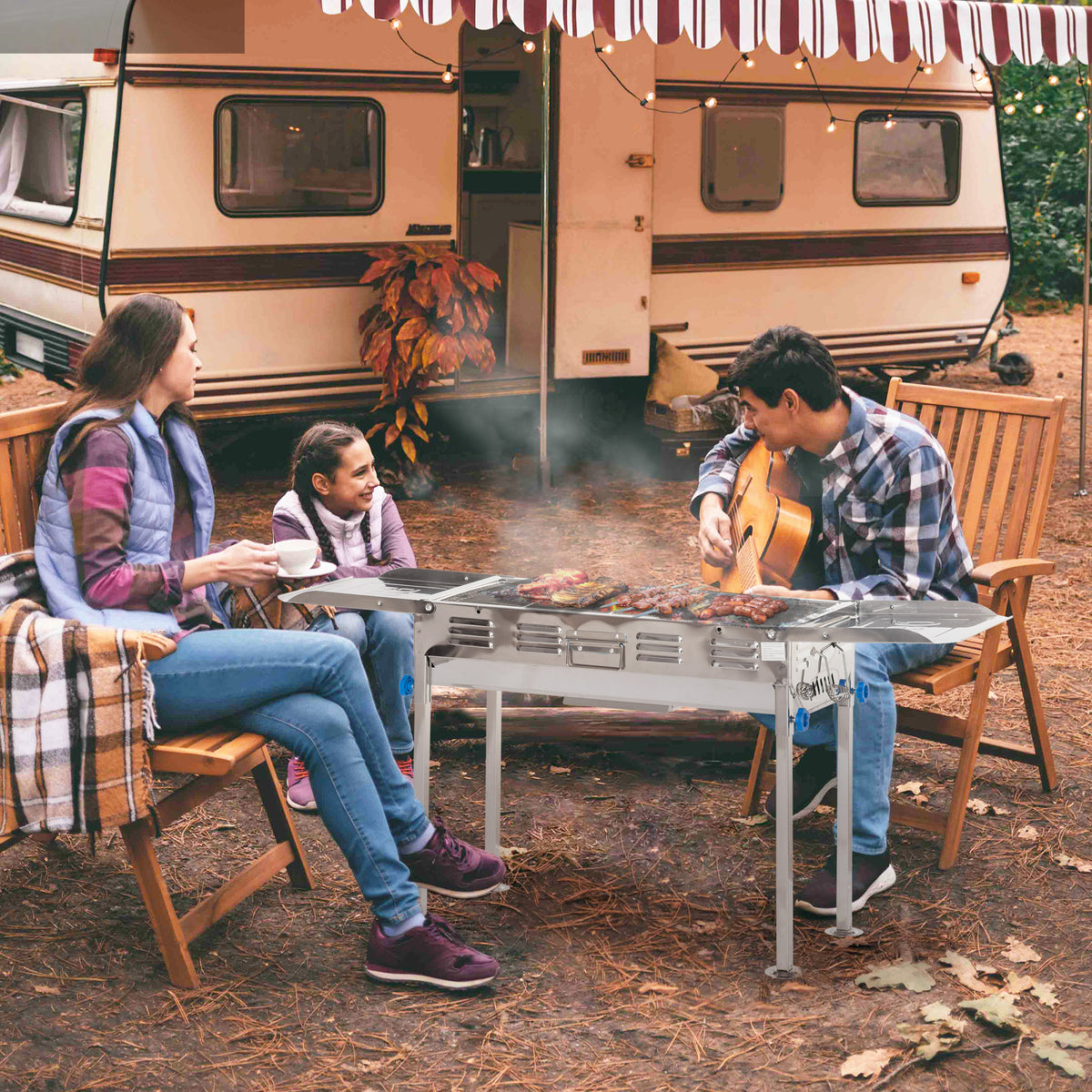 Barbecue a Carvão de Aço Inoxidável Portátil com Altura Ajustável 2 Prateleiras e Grelhas ao Ar Livre para Acampamento Piquenique 120x31x60-70cm Prata — foto 2