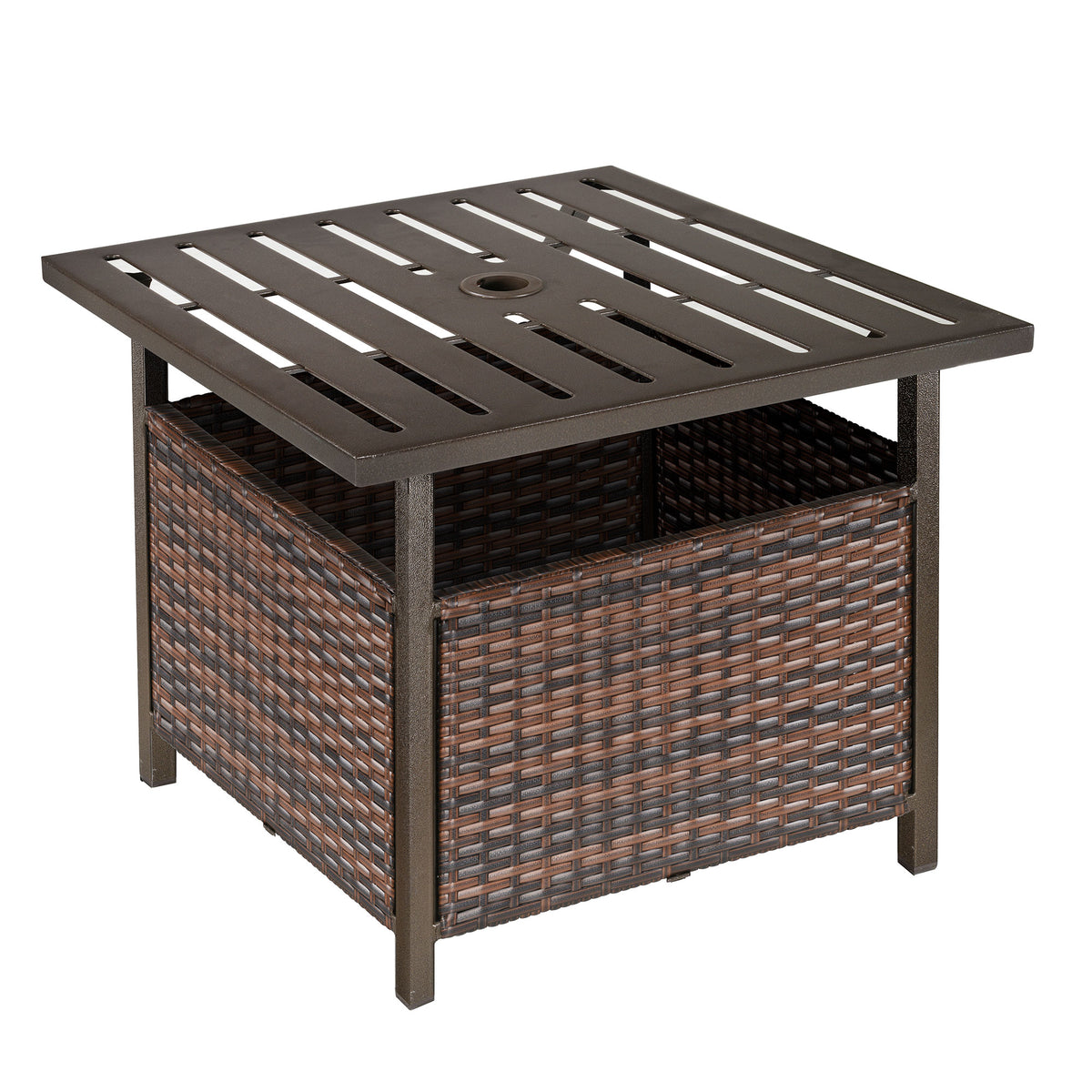 2 em 1 Base para guarda-sol com mesa lateral de vime em aço com para terraçojardim Pátio 55,5x55,5x46 cm marrom — foto 1