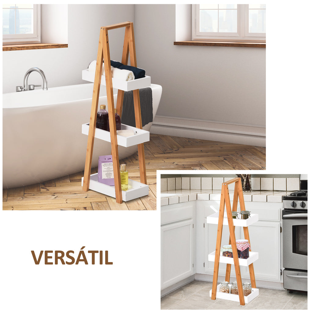 Estante de Bambú para Casa de Banho com 3 Prateleiras de Armazenamento Móvel Organizador para Cozinha Sala de Estar Lavanderia 30x18x81cm Madeira e Branco — foto 6