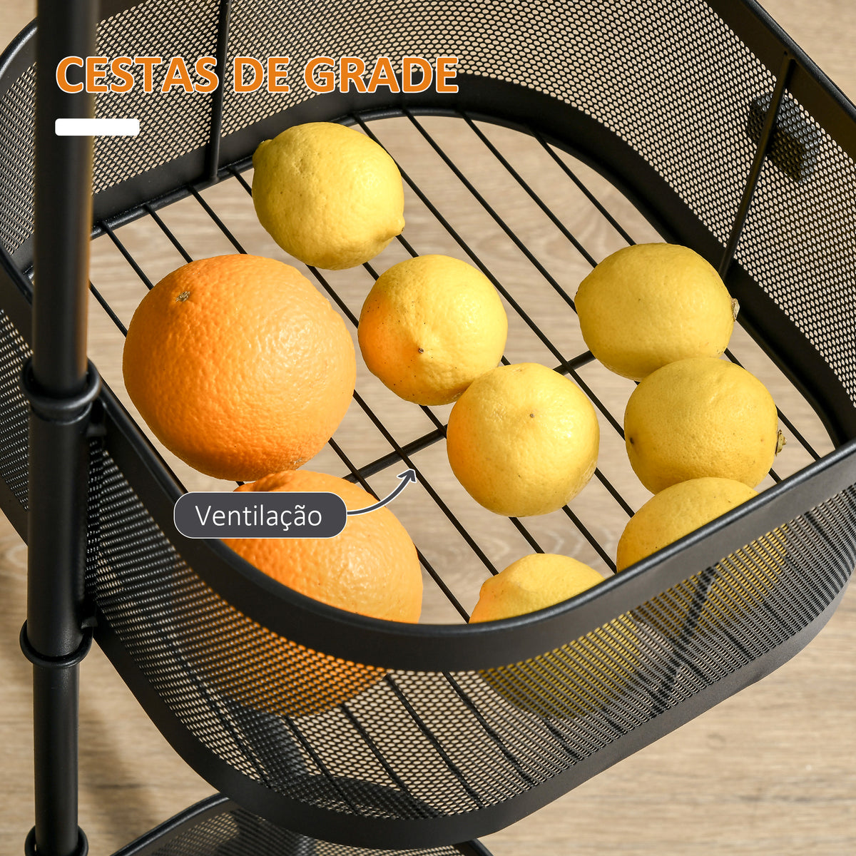 Carrinho Auxiliar com Rodas de 5 Níveis Carrinho de Cozinha com 4 Cestas de Armazenamento Rotativas a 270° e Prateleira Superior para Frutas Legumes Utensílios 33x33x77 cm Preto — foto 5