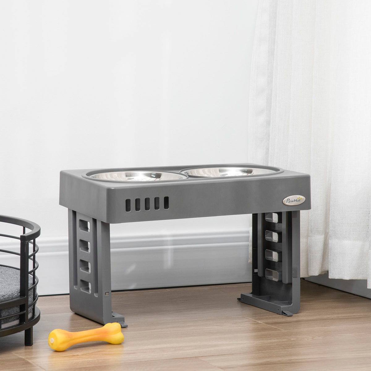 Comedouro Elevado para Cães com 2 Tigelas Desmontáveis de 1200ml e Altura Ajustável de 3 Níveis Comedouro para Animais de Estimação com Tigelas de Aço Inoxidável 44x27,7x28cm Cinza — foto 2