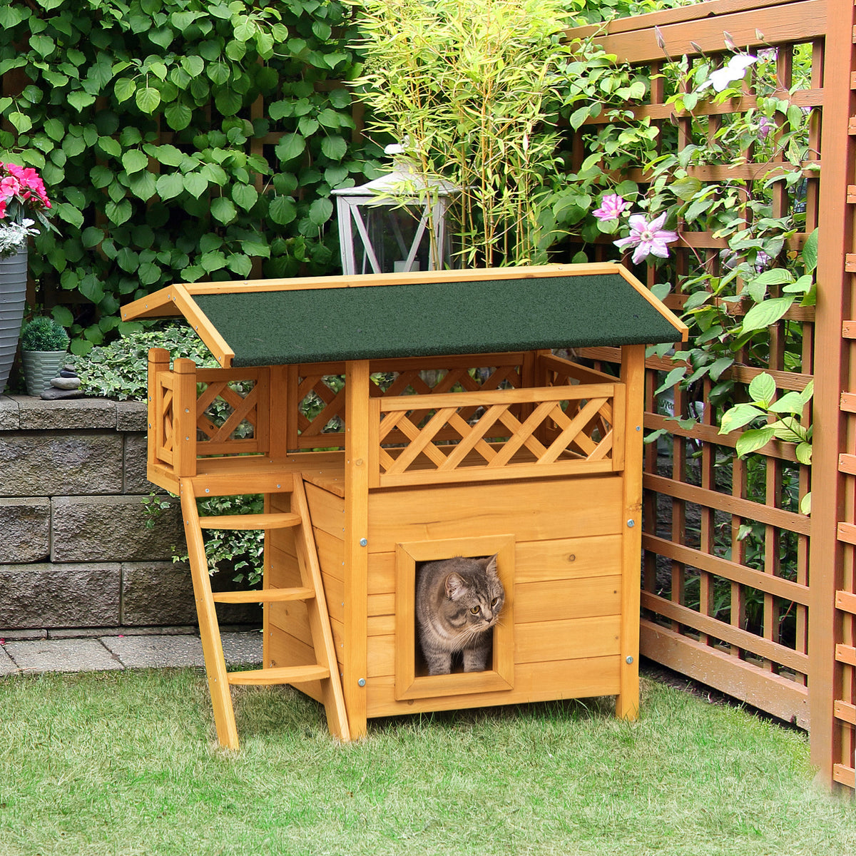 Casa para Gatos de Madeira 77x50x73cm Casa para Gatos com 2 Níveis com Teto Asfáltico Terraço Cercado Caverna e Escada para Interior e Exterior Madeira Natural — foto 2