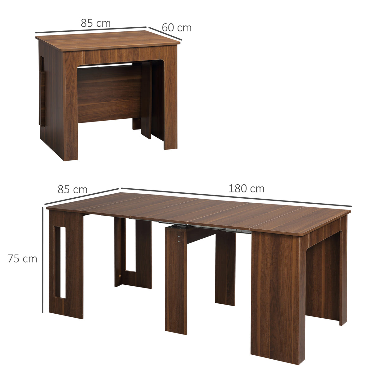 Mesa de Jantar Extensível para 4-6 Pessoas com Lateral Abatível Mesa Auxiliar Multifuncional para Escritório Cozinha Carga Máxima 60kg 180x85x75cm Marrom — foto 3