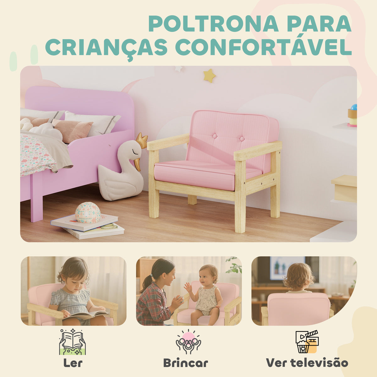 Poltrona Infantil Sofá para Crianças acima de 3 Anos com Tecido Suave de Veludo Cotelê Estrutura de Madeira Assento e Encosto Acolchoados Apoio de Braços Suporta 45 kg 46,5x44x45 cm Rosa — foto 4