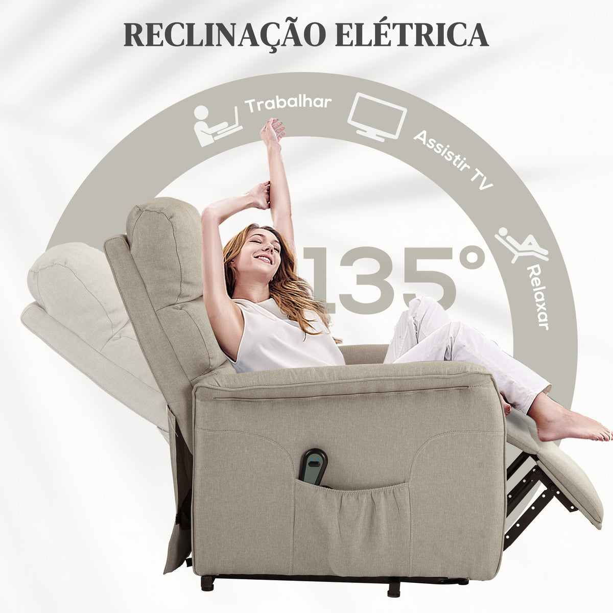 Poltrona Relax Reclinável Elétrica Poltrona Levanta Pessoas com Controlo Remoto e Bolso Lateral Poltrona Elétrica para Sala de Estar Dormitório 66x90x96 cm Bege — foto 5
