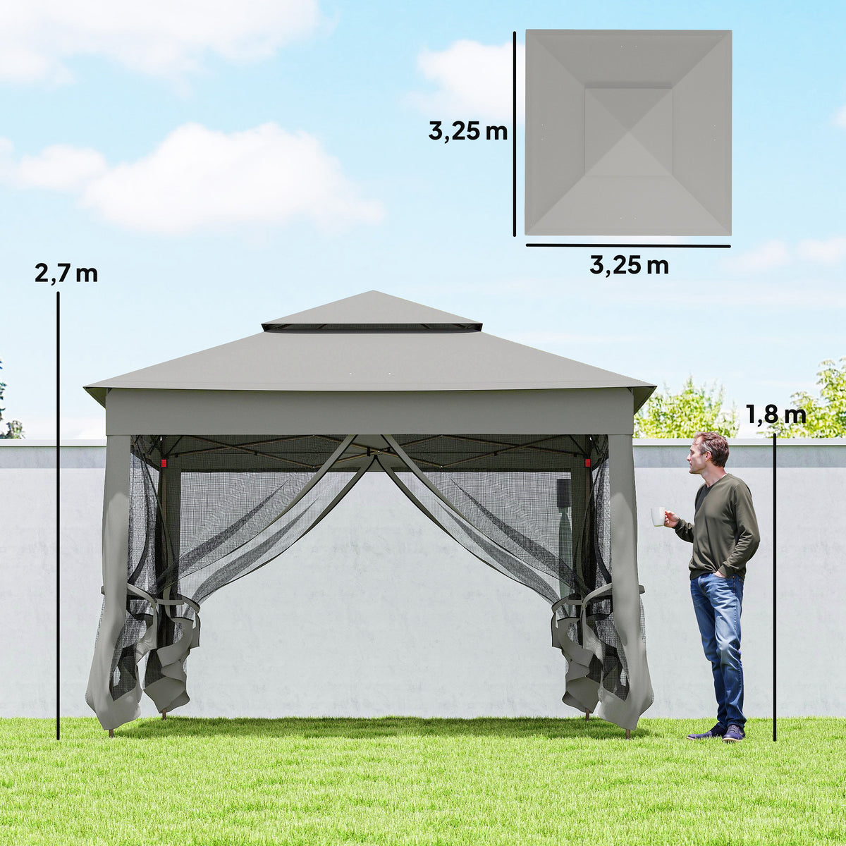 Tenda Dobrável Exterior 325x325x270 cm Tenda de Jardim com Teto Duplo Rede Mosquiteira Amovível e Bolsa de Transporte para Jardim Pátio Cinzento — foto 3
