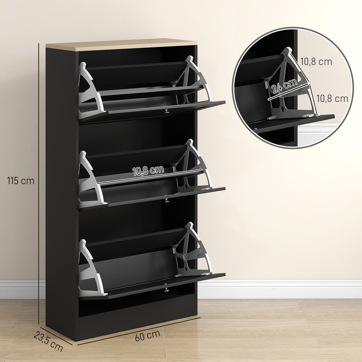 Móvel Sapateira de Entrada Armário Sapateira Moderno com 3 Gavetas Basculantes e Prateleiras Ajustáveis para 18 Pares de Sapatos para Corredor Entrada 60x23,5x115 cm Preto — foto 3