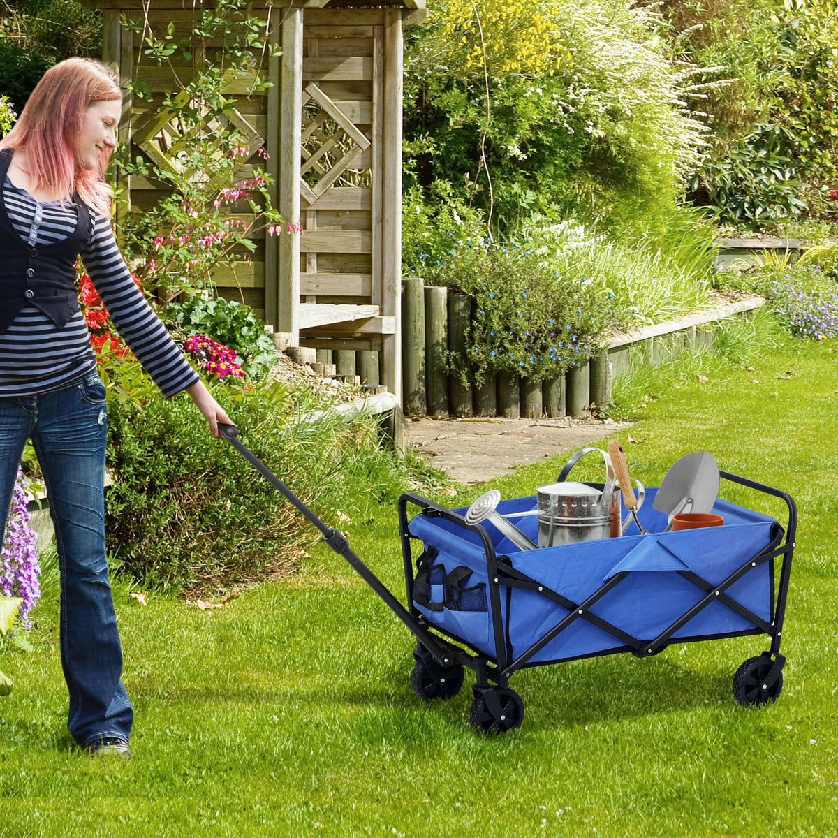 Carrinho de Transporte com Rodas Carrinho de Jardim Dobrável com Pega Telescópica Ajustável 2 Bolsas de Arrumação Carrinho de Praia Jardim Campismo Carga 120 kg 64x42x27 cm Azul — foto 2