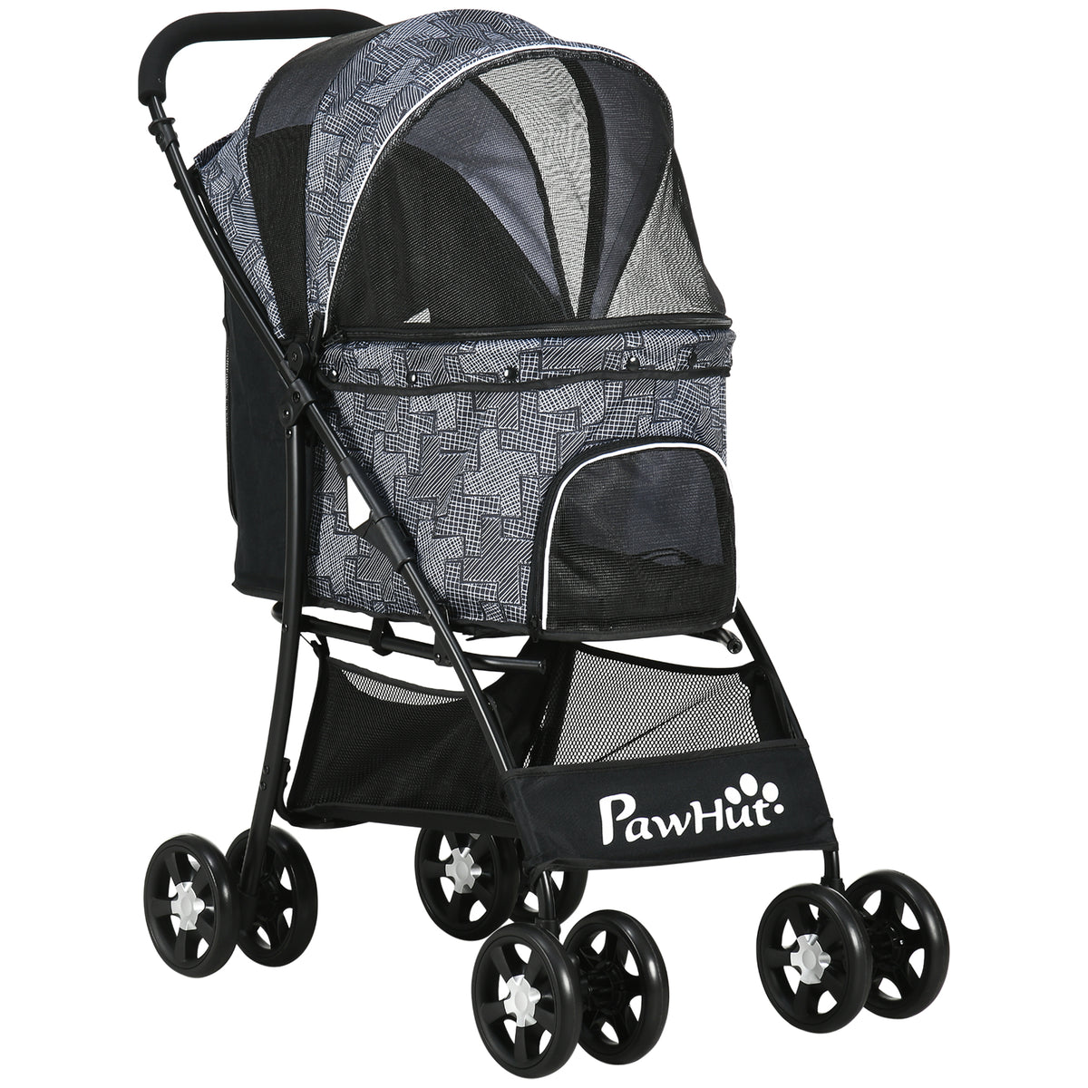 Carrinho para Cães Dobrável Carrinho para Animais de Estimação Carrinho para Cães Pequenos com Cesta de Armazenamento Capota Ajustável Janela de Malha e 2 Rodas Universais 81x48x99 cm Cinza — foto 1