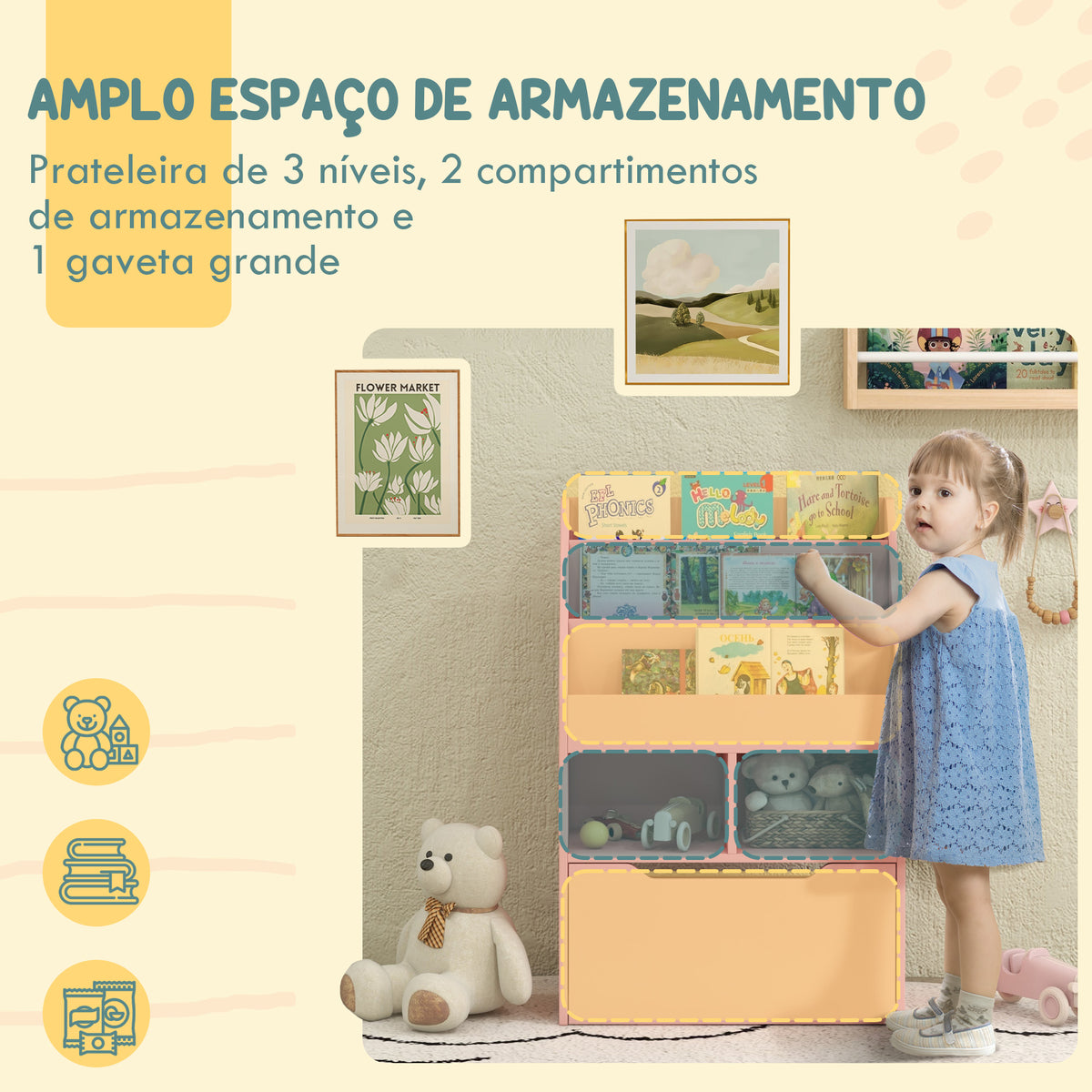 Estante de Madeira para Brinquedos com 3 Compartimentos 2 Prateleiras e Gaveta Móvel com 4 Rodas Estante para Livros Infantil para Dormitório Infantil Sala de Jogos 60x29,9x90 cm Rosa — foto 4