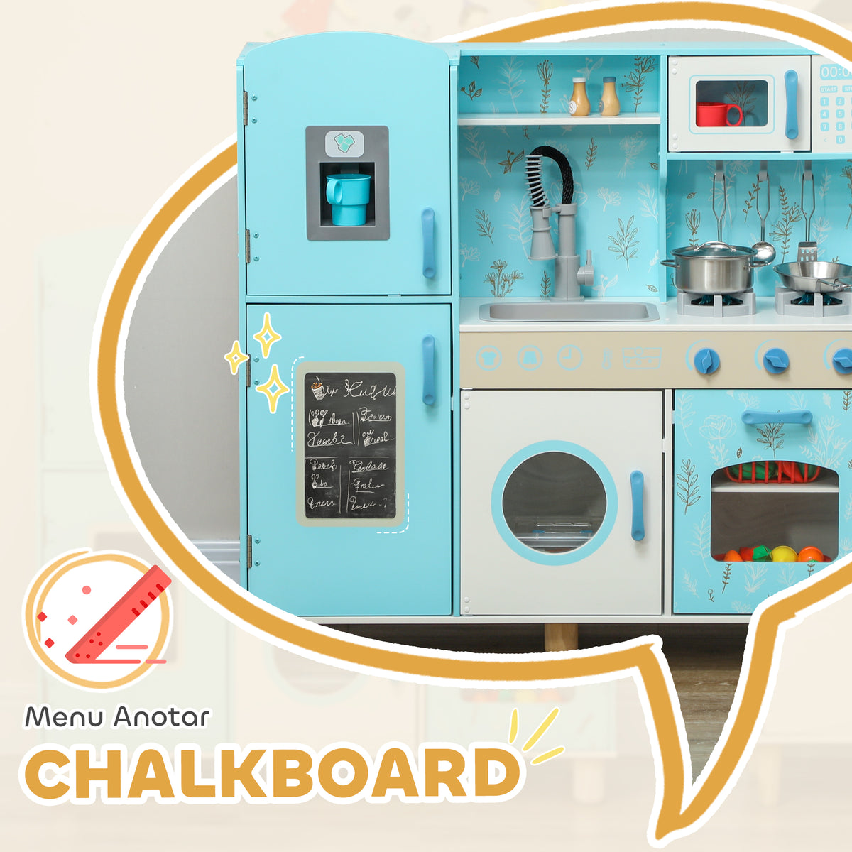 Cozinha de Madeira para Crianças acima de 3 Anos Cozinha Infantil com Sons Fogão Forno Micro-Ondas Máquina de Gelo e Acessórios 90x33,3x91,6 cm Azul — foto 5
