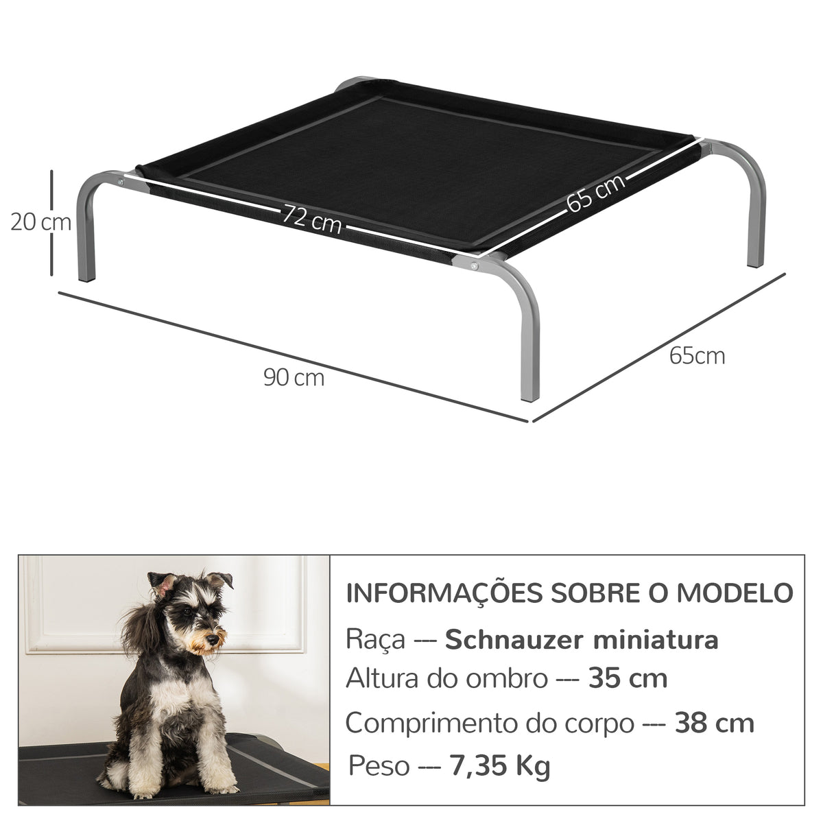 Cama Elevada para Animais de Estimação Cama para Cães e Gatos Desmontável Tecido Textilene Exterior Jardim Terraço 90x65x20cm Preto — foto 3