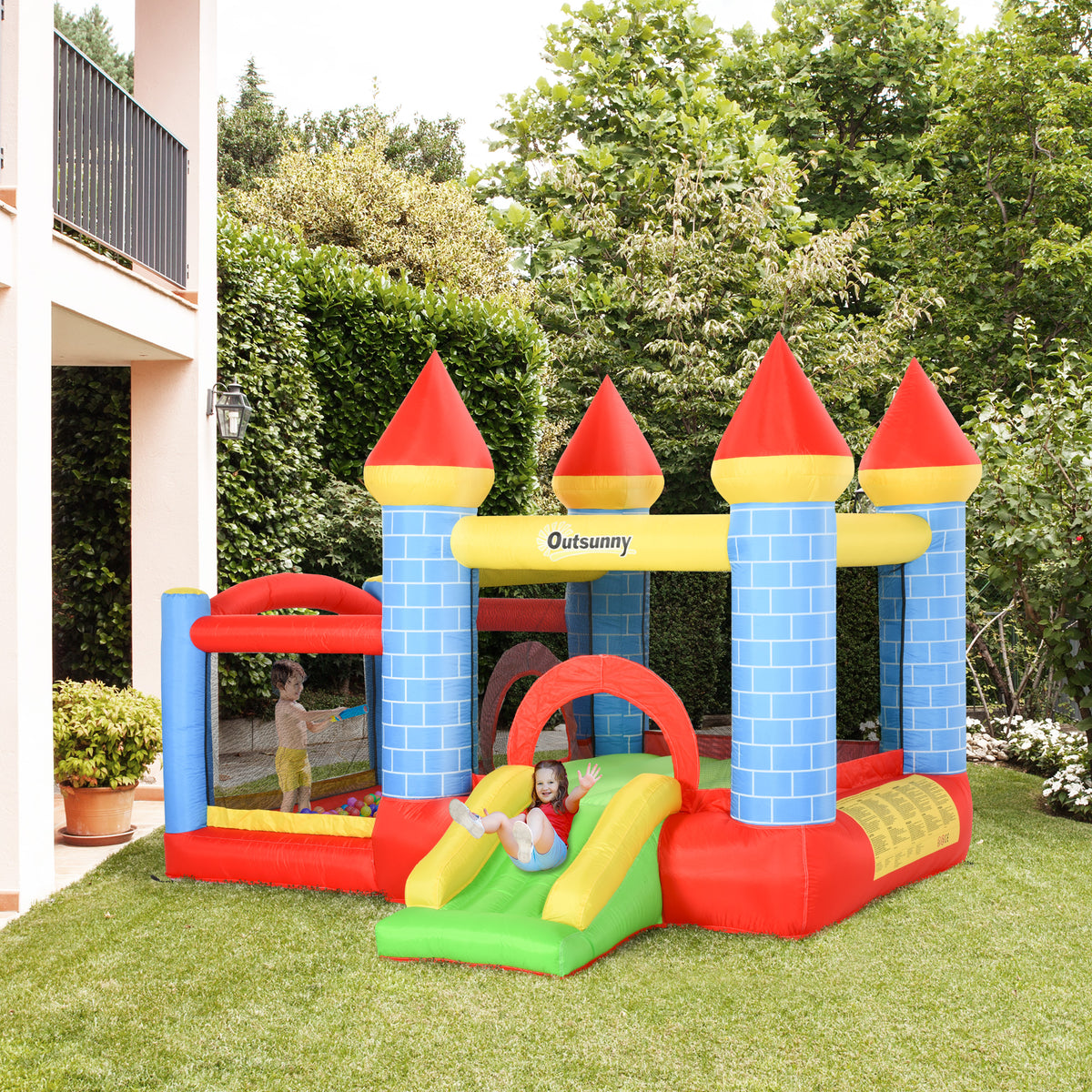 Castelo inflável Infantil com Escorrega Trampolim Insuflador e Bolsa de Transporte para Interior e Exterior 280x260x210 cm Multicolor — foto 2