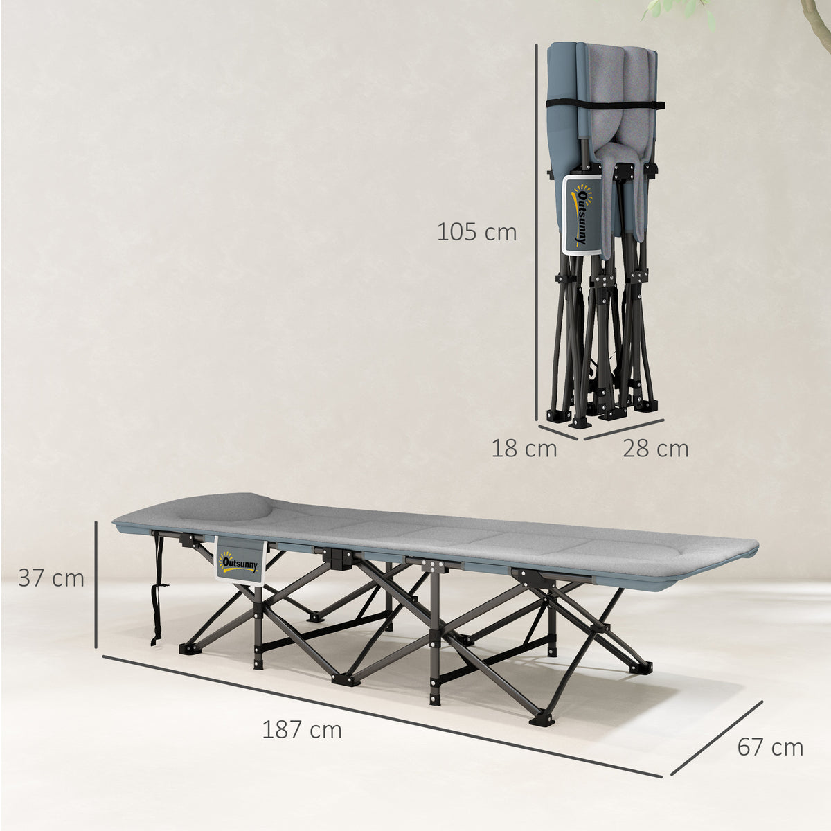 Cama Dobrável de Campismo Cama Portátil para Acampamento Praia com Apoio de Cabeça e Bolso Lateral Suporta até 150 kg 187x67x37 cm Cinzento — foto 3