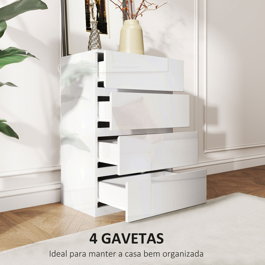 Cómoda com 4 Gavetas de Madeira Cómoda de Dormitório Cómoda Branca para Sala de Estar Estilo Moderno 55x33x80 cm Branco Brilhante — foto 4