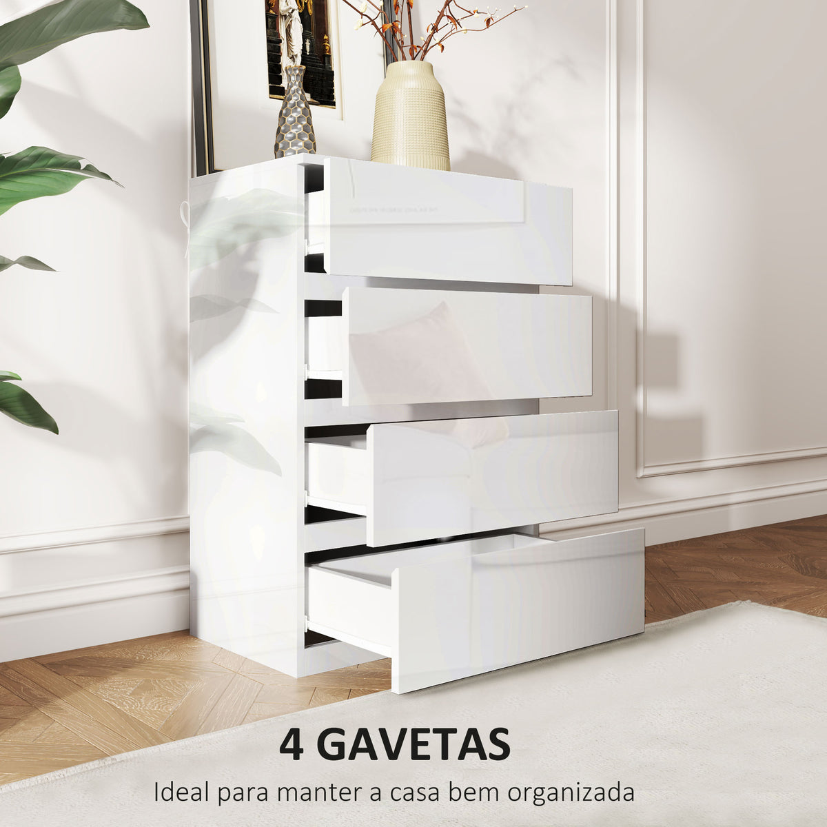 Cómoda com 4 Gavetas de Madeira Cómoda de Dormitório Cómoda Branca para Sala de Estar Estilo Moderno 55x33x80 cm Branco Brilhante — foto 4