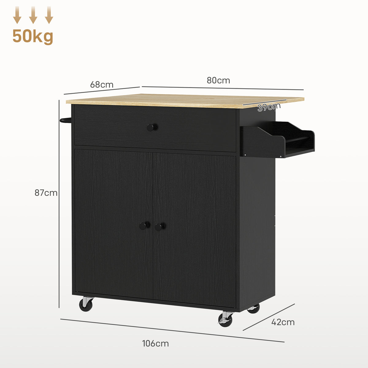 Ilha de Cozinha com Rodas Carrinho de Cozinha com Lateral Dobrável 2 Portas Gaveta Suporte para Temperos e Panos e Prateleira Ajustável 106x42x87 cm Preto e Carvalho — foto 3