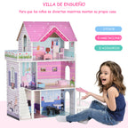 Casa de Bonecas de 3 Andares com Pátio Móveis Acessórios Bonita Casa de Bonecas de Madeira 86x30x87 cm Rosa — foto 7