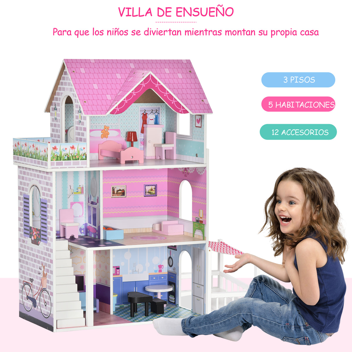 Casa de Bonecas de 3 Andares com Pátio Móveis Acessórios Bonita Casa de Bonecas de Madeira 86x30x87 cm Rosa — foto 7