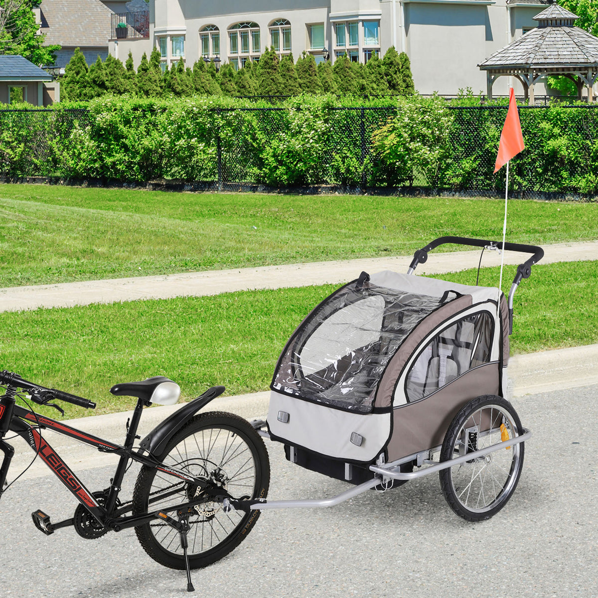 Reboque de Bicicleta para Crianças 2 Lugares 2 em 1 Reboque para Crianças Convertível em Carrinho com Rodas 360º Amortecedores e Guiador Ajustável Bege e Marrom — foto 2