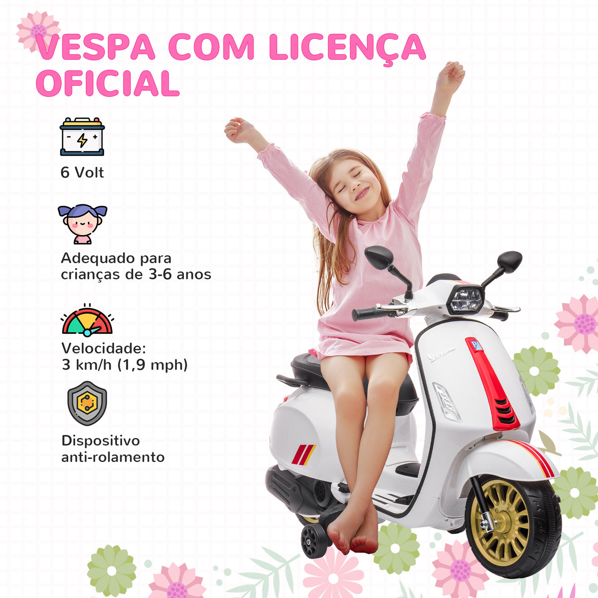 Moto Elétrica para Crianças de 3-6 Anos com Licença Vespa Motocicleta de Bateria 6V com USB MP3 Luz LED Rádio FM Moto para Crianças com Velocidade 3 km/h Carga 35 kg Branco — foto 4