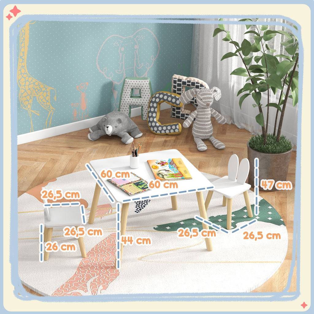 Conjunto de Mesa Infantil e 2 Cadeiras Mesa Infantil com Costas de Cadeiras com Orelhas de Coelho Mesa Infantil para Quarto de Bebé Sala de Jogos Branca — foto 3