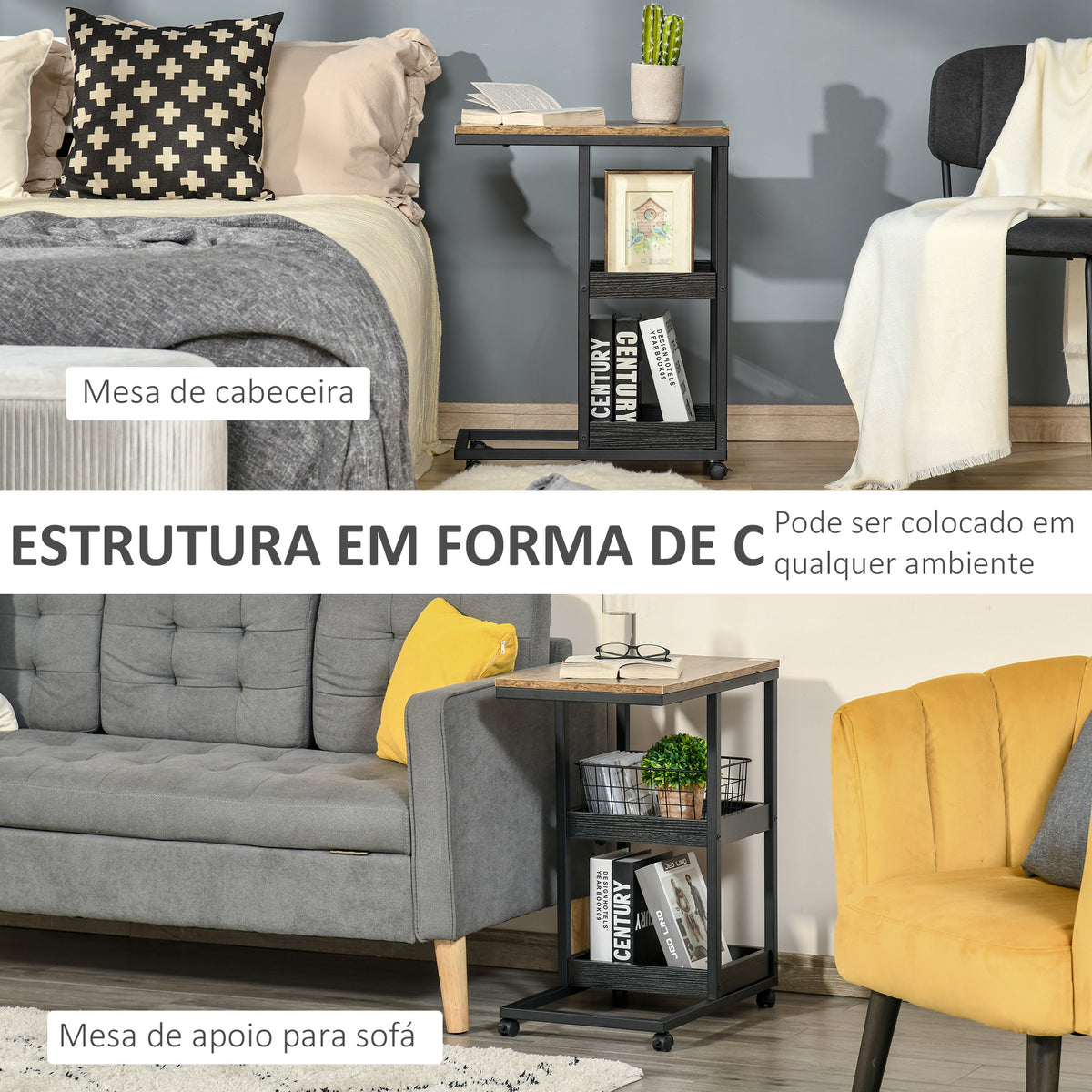 Mesa Auxiliar Industrial Mesa Auxiliar em Forma de C com Rodas Prateleiras Abertas e Estrutura de Aço para Sala de Estar Dormitório 51x33x66 cm Marrom Escuro e Preto — foto 4