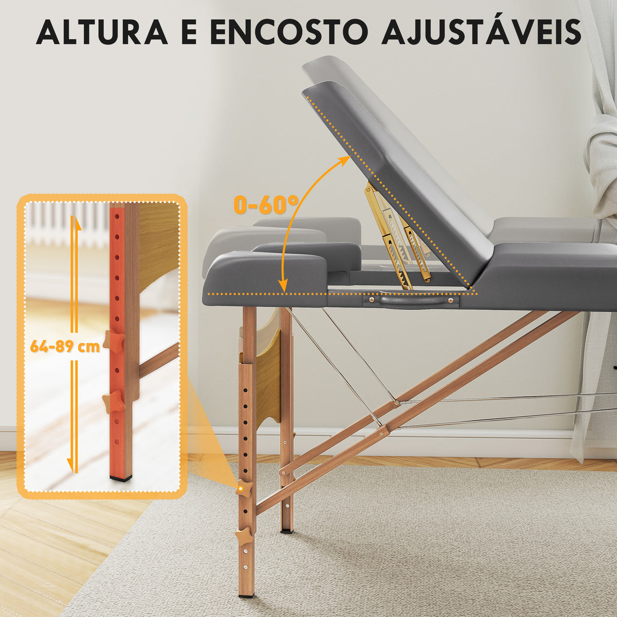 Marquesa de Massagem Dobrável Portátil Marquesa Estética Profissional em Madeira de 3 Zonas com Altura Ajustável Apoio de Cabeça Apoios de Braço Acolchoados 215x60x64-89 cm Cinza — foto 4