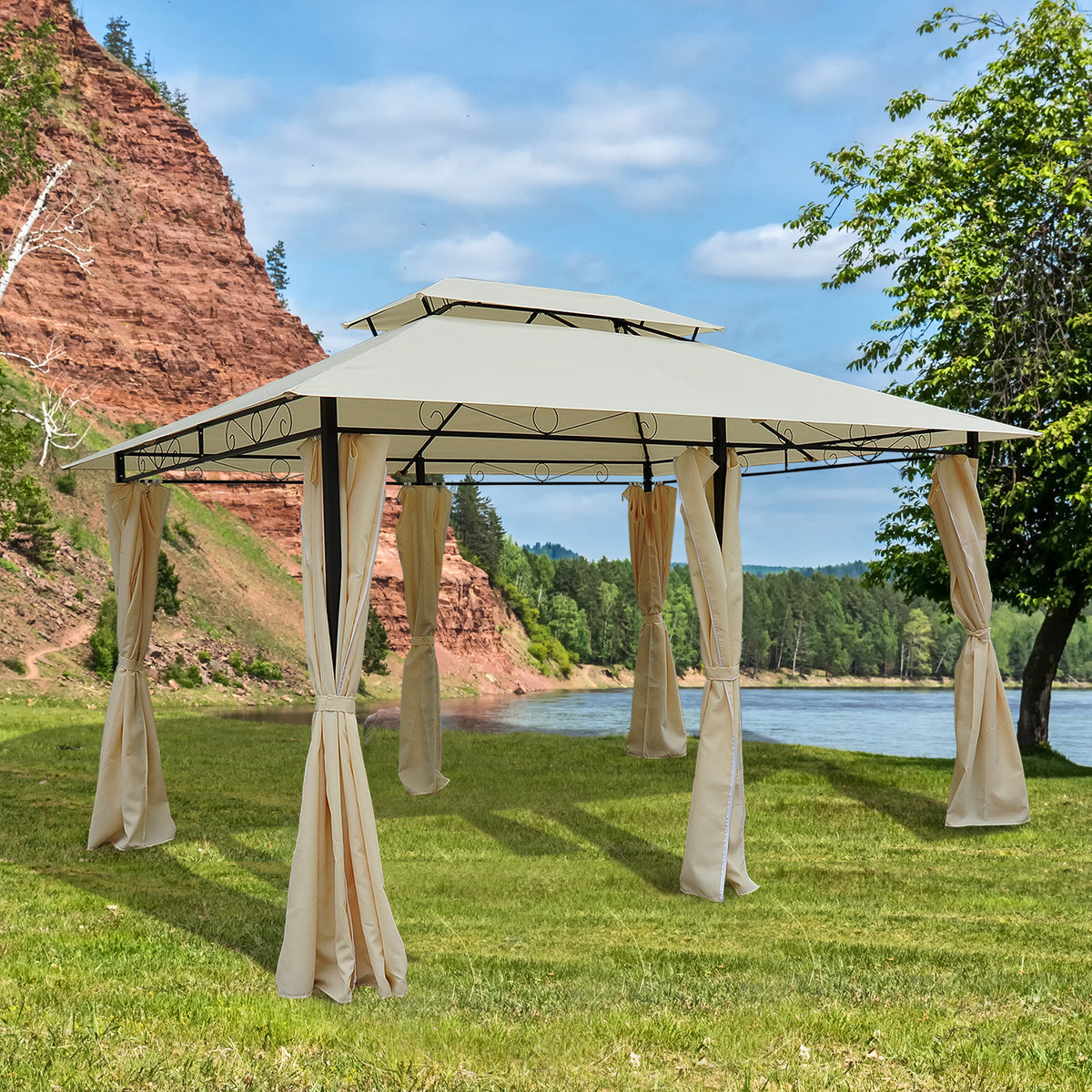 Pérgola de Jardim com Estrutura de Aço Teto Duplo 6 Cortinas Laterais 8 Orifícios de Drenagem 300x400x280 cm Creme — foto 2