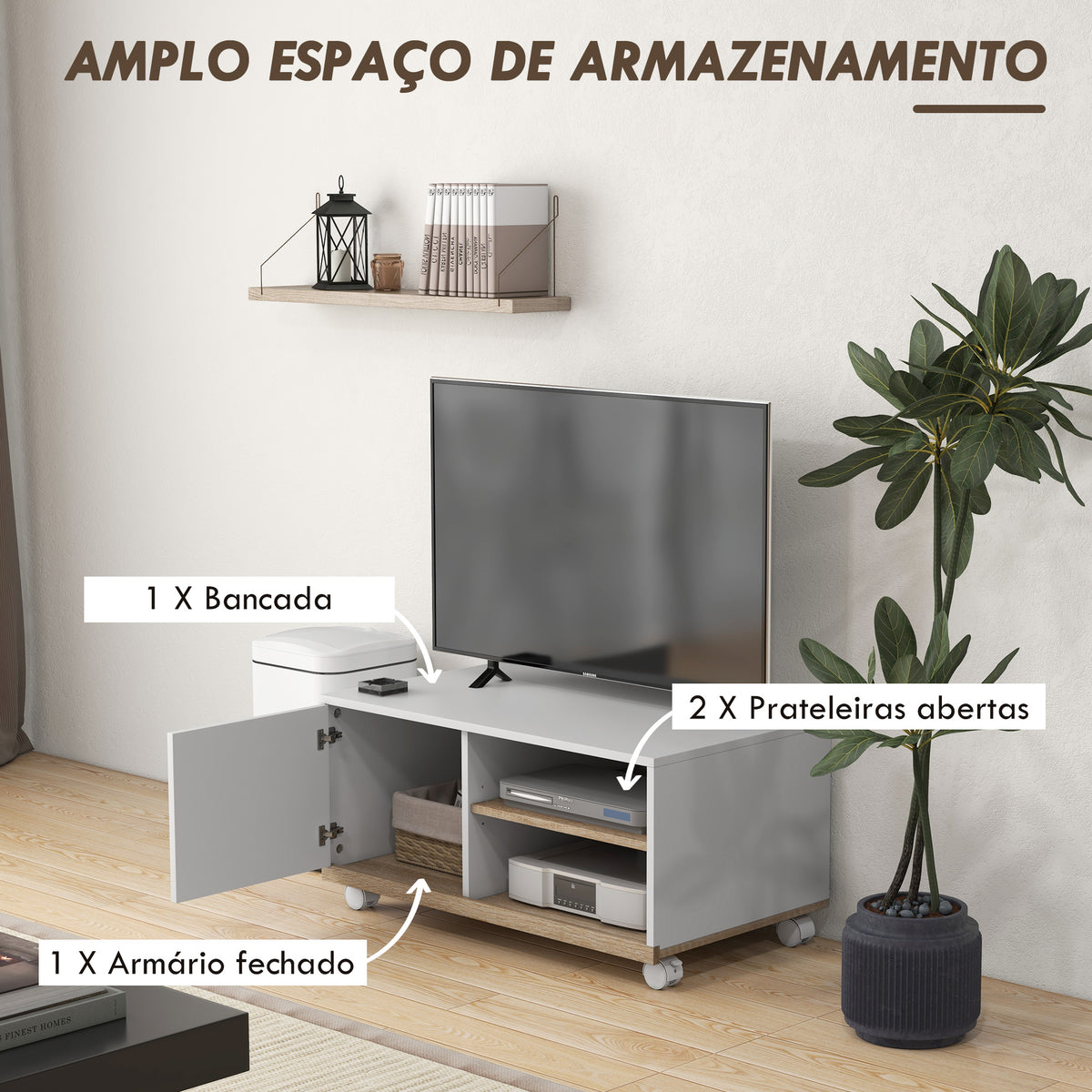 Móvel de TV Mesa de Sala de Estar Moderna de TV de 42 Polegadas com 4 Rodas com 1 Porta e 2 Prateleiras de Armazenamento 80x45x39,5 cm Branco — foto 5