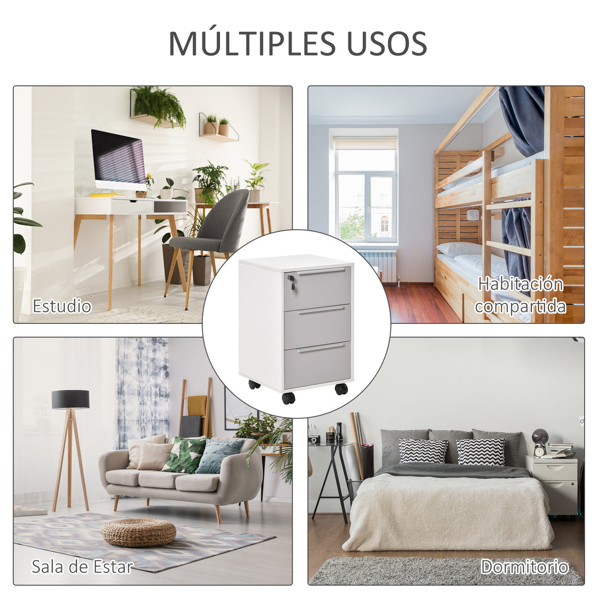 Bloco de Gavetas Móvel de Escritório com 3 Gavetas Fechadura Rodas e Travão para Documentos Arquivos 40x40x63,5 cm Branco e Cinza — foto 6