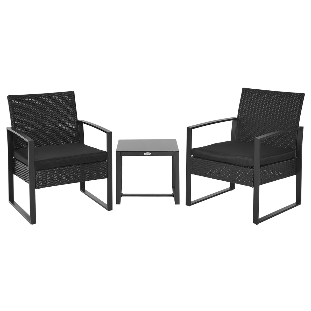Conjunto de Móveis de Jardim de Vime 3 Peças com 1 Mesa 42,5x40x39 cm 2 Poltronas 63x57x76 cm Almofada Acolchoada para Pátio Varanda Preto — foto 1