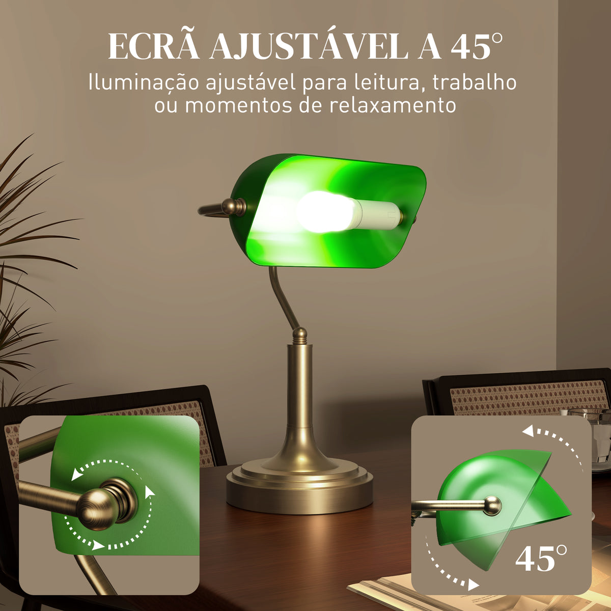 Candeeiro de Mesa Banqueiro Candeeiro de Mesa Vintage E27 com Ecrã Orientável a 45° Interruptor Basculante para Casa Escritório Biblioteca 26,8x22x39,5 cm Verde — foto 5