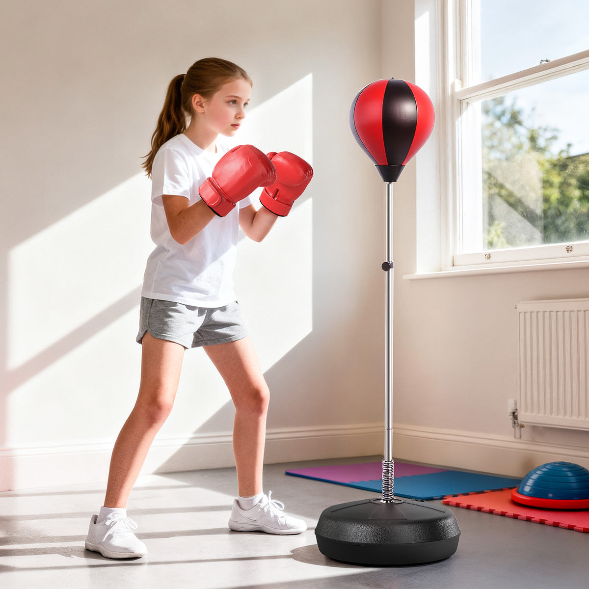 Punching Ball de Boxe com Altura Ajustável de 4 Níveis Base Recarregável com Água ou Areia e Luvas para Adolescentes Ø43x125-145 cm Vermelho e Preto — foto 2