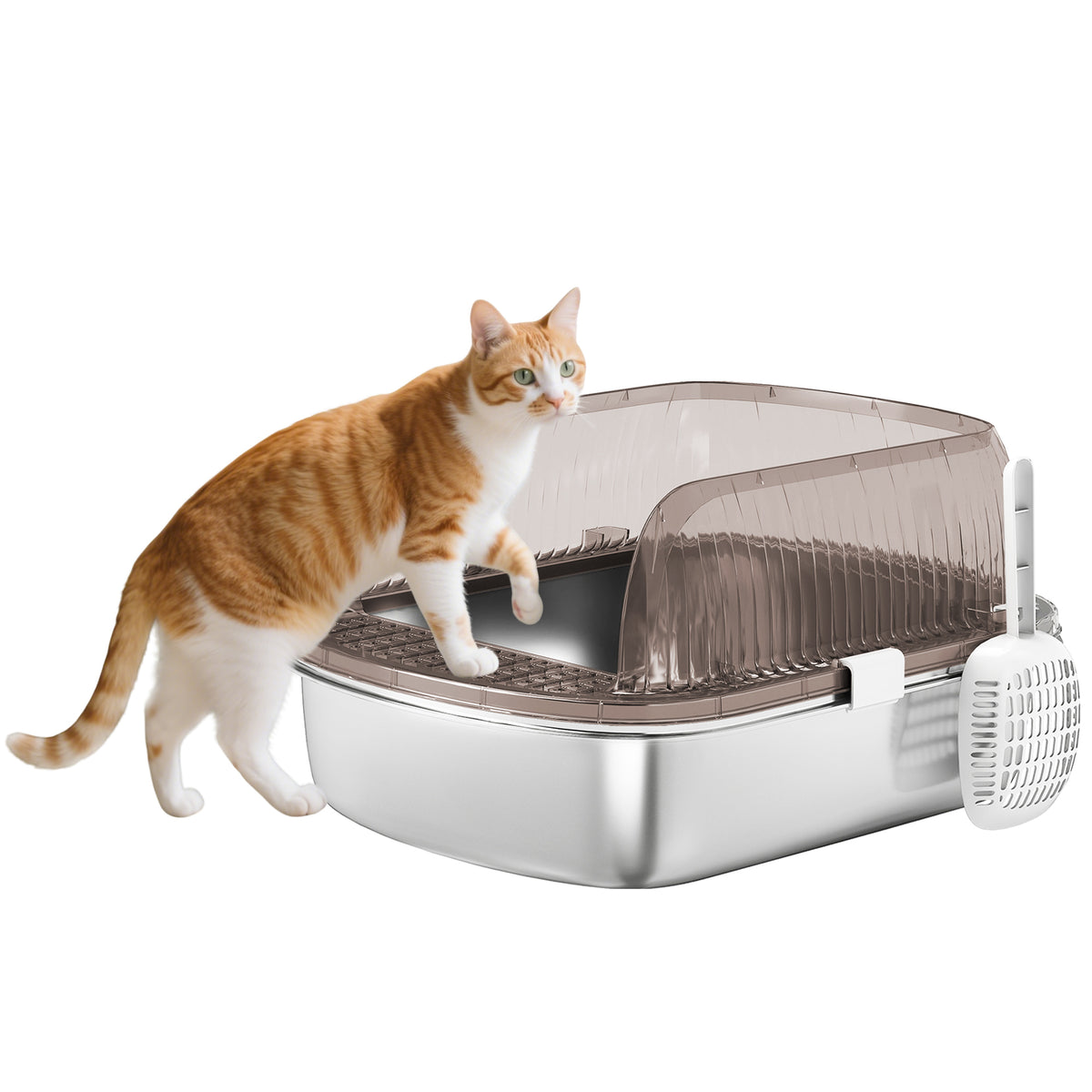 Caixa de Areia para Gatos Coberto Extra Grande Caixa de Areia Fechada com Bandeja em Aço Inoxidável Bordas Altas Pá e Zona para Queda de Areia para Gatos Grandes 53x42x27 cm Cinzento — foto 1