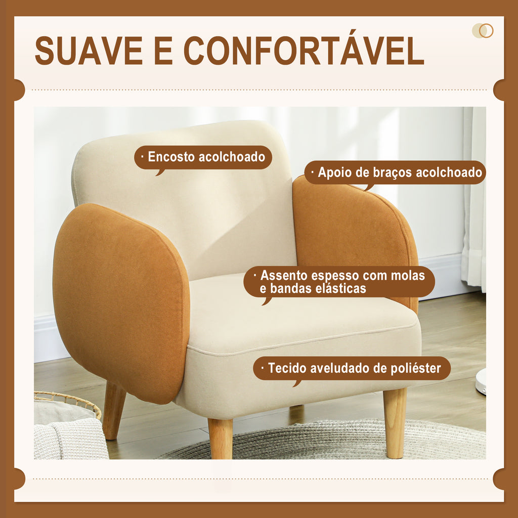 Poltrona de Sala Estofada em Veludo com Apoios de Braço e Pernas de Madeira Poltrona Compacta 120 kg para Quarto Escritório 72x76x74 cm Creme — foto 5