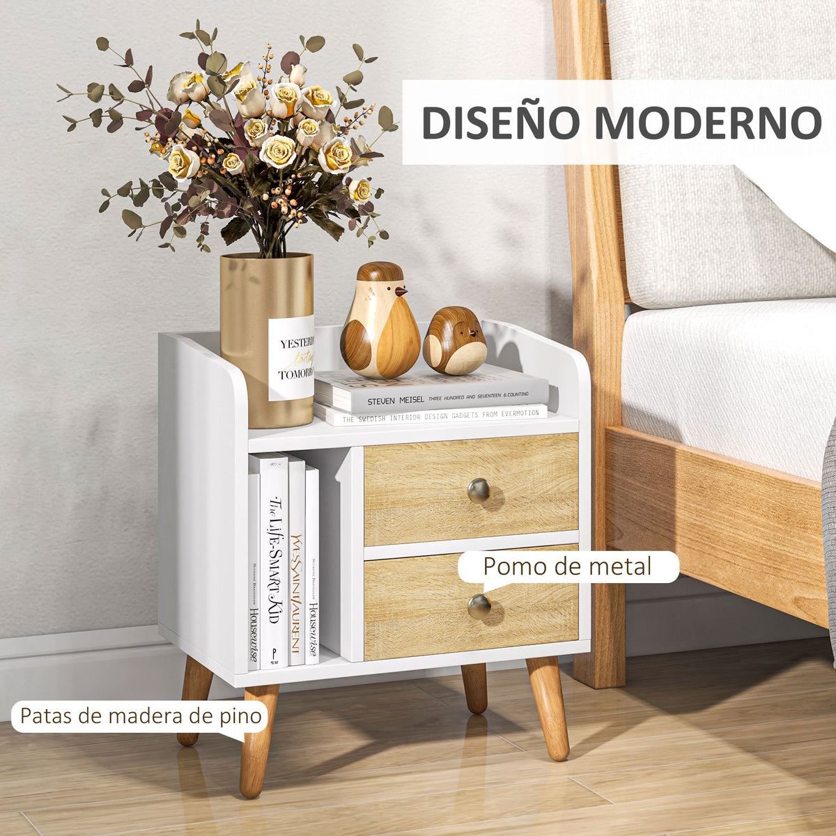Mesa de Cabeceira Mesa de Cabeceira com 2 Gavetas Grandes 1 Prateleira Aberta e Pés Elevados Estilo Nórdico para Sala de Estar Dormitório 43x30x49 cm Branco e Madeira — foto 5