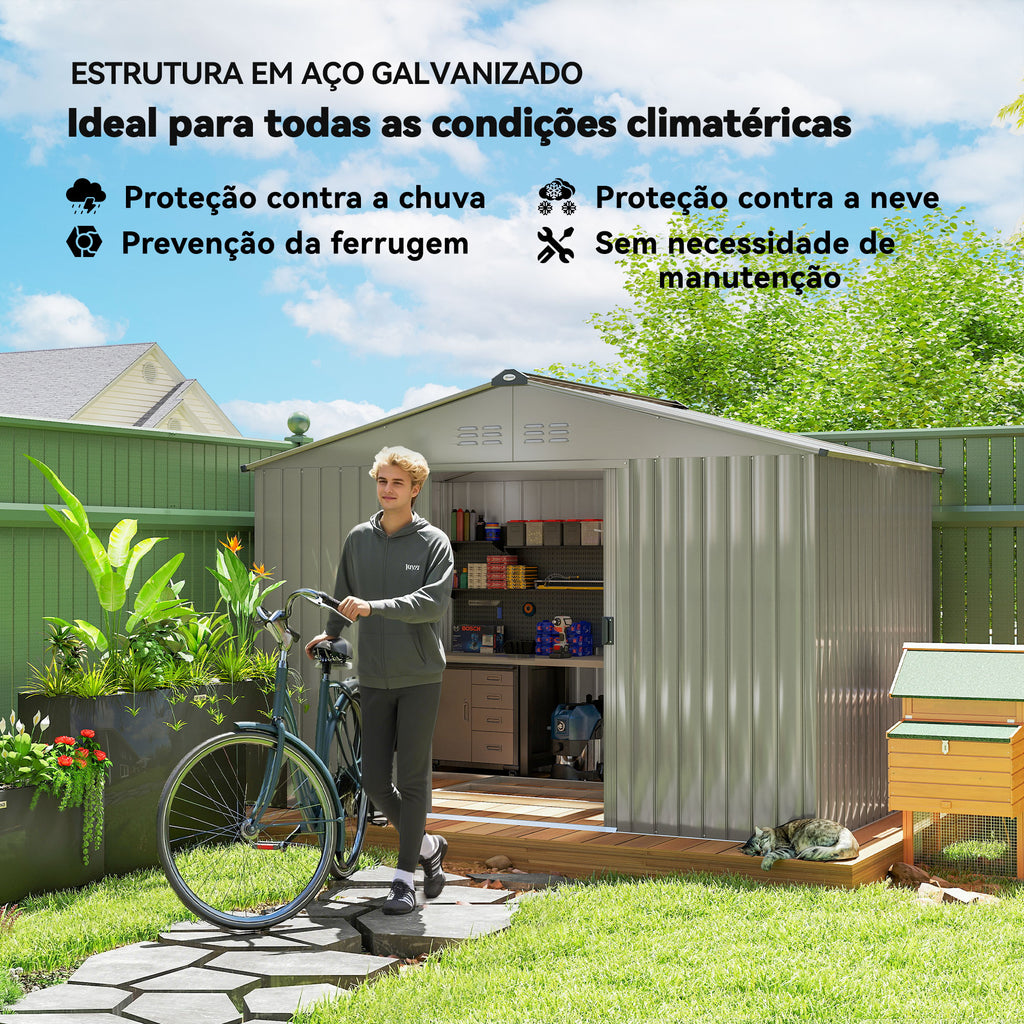 Abrigo de Jardim Exterior 4,9 m² 277x195x192cm Abrigo e Jardim Metálico para Armazenamento de Ferramentas com Base Incluída (Chão não Incluído) e 4 Janelas Verde Escuro - Modelo 2 — foto 5