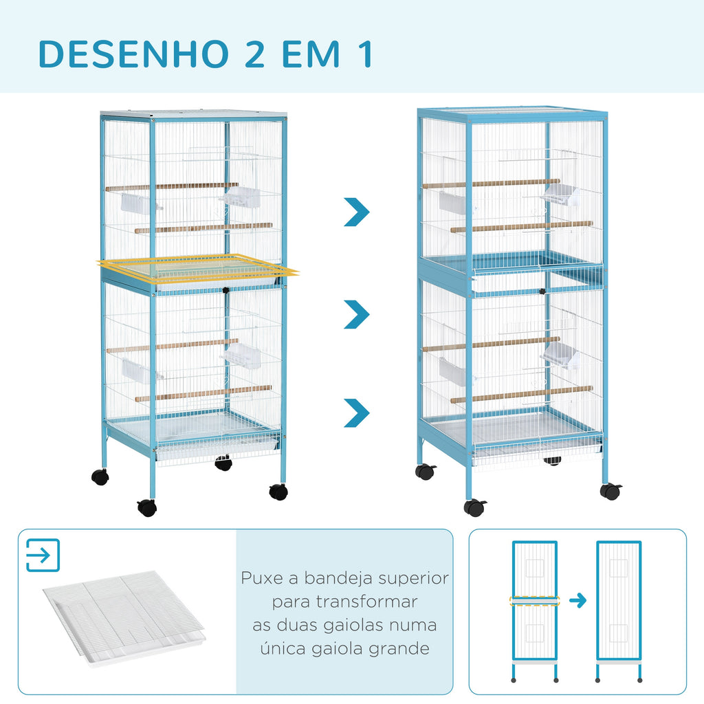 Gaiola para Pássaros com Rodas Gaiola Grande de 2 Níveis com Bandejas Removíveis Portas Comedouros Poleiros para Canários Periquitos 51,5x50x140 cm Azul e Branco — foto 4