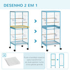 Gaiola para Pássaros com Rodas Gaiola Grande de 2 Níveis com Bandejas Removíveis Portas Comedouros Poleiros para Canários Periquitos 51,5x50x140 cm Azul e Branco — foto 4