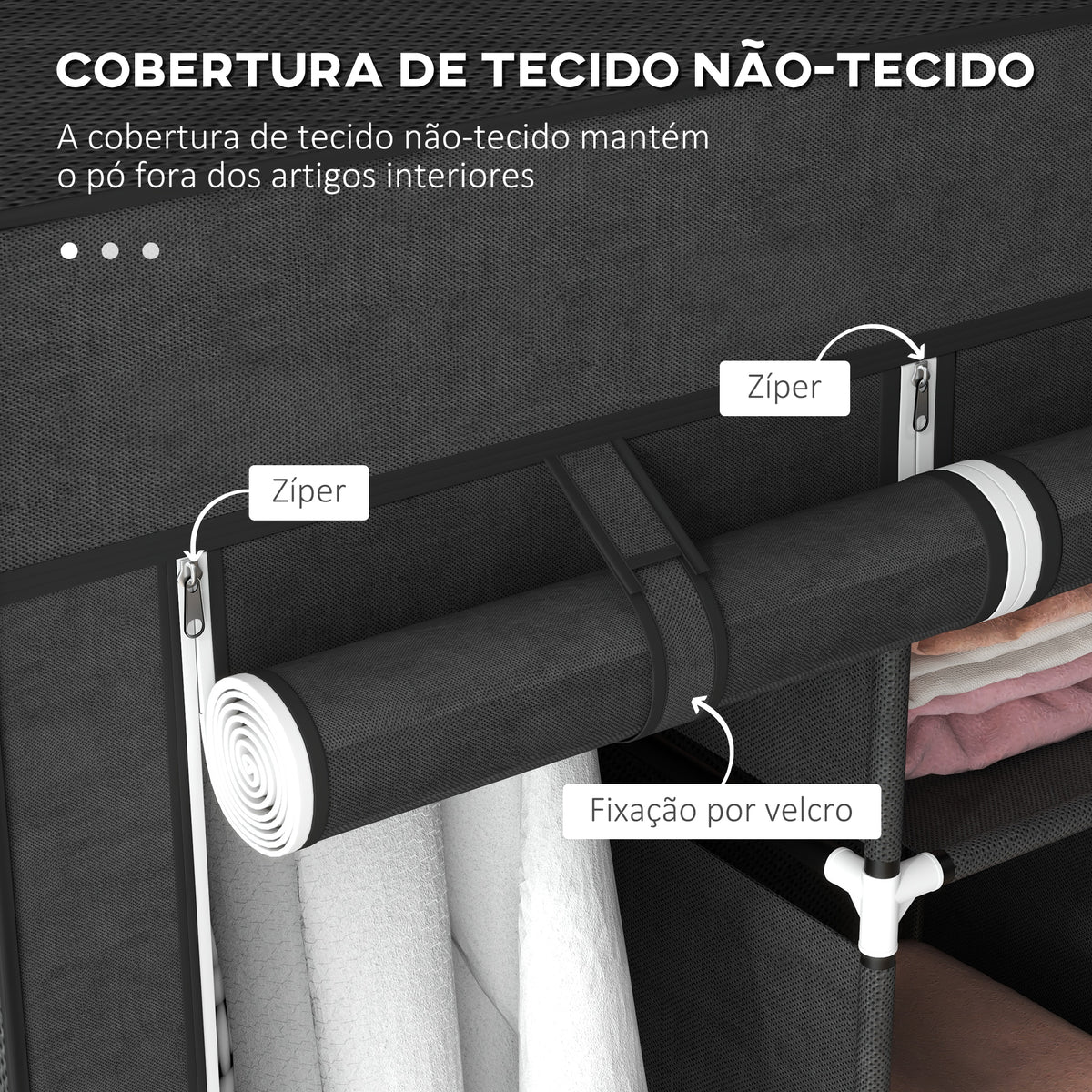 Roupeiro de Tecido Dobrável Armário Portátil com 8 Prateleiras de Armazenamento e 2 Barras de Pendurar Organizador de Roupa para Dormitório Vestidor 125x43x162,5 cm Preto — foto 5