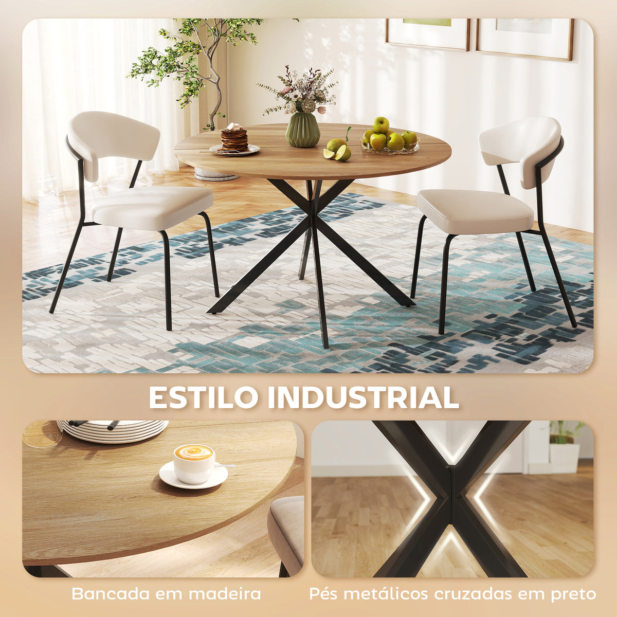 Mesa de Refeição Redonda para 4 Pessoas Mesa de Cozinha Industrial com Estrutura de Aço Ø120x75 cm Madeira — foto 4