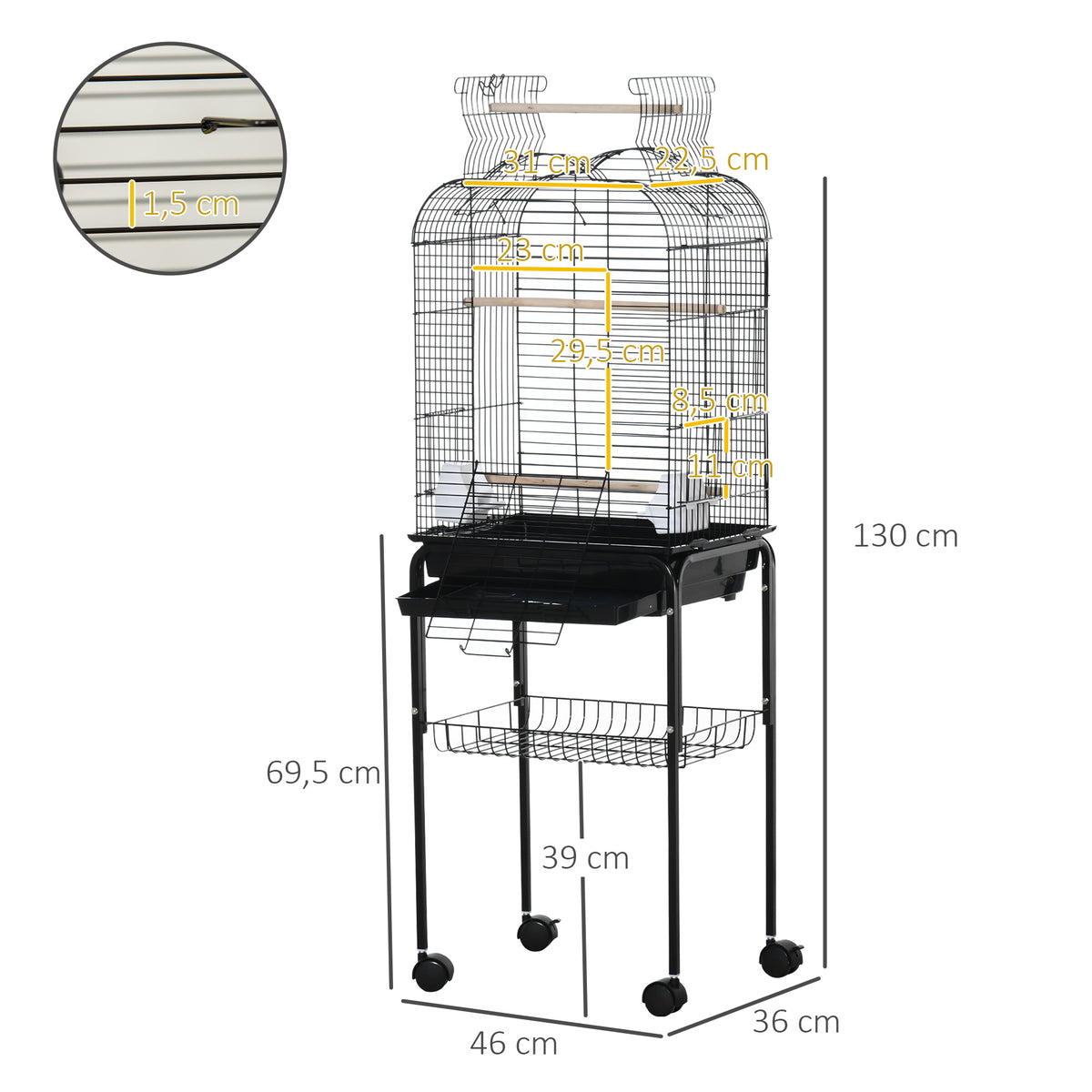 Gaiola para Passáros com Suporte Gaiola com 4 Rodas Teto com Abertura 2 Comedouros 3 Poleiros Bandeja Removível e Prateleira Inferior 46x36x130cm Preto — foto 3