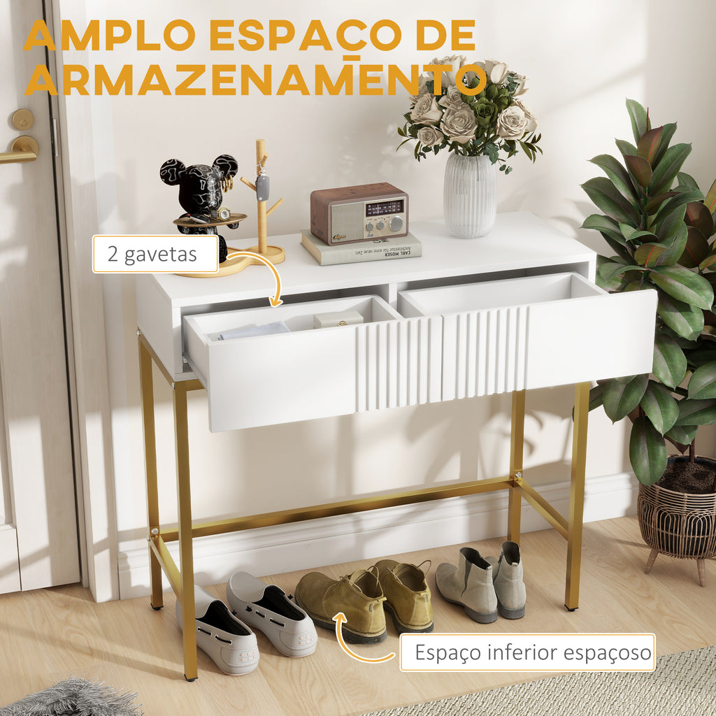 Mesa Consola Moderna Mesa de Entrada com 2 Gavetas e Pés de Aço Anti-tombo para Entrada Sala Corredor 80x31,5x75 cm Branco — foto 4