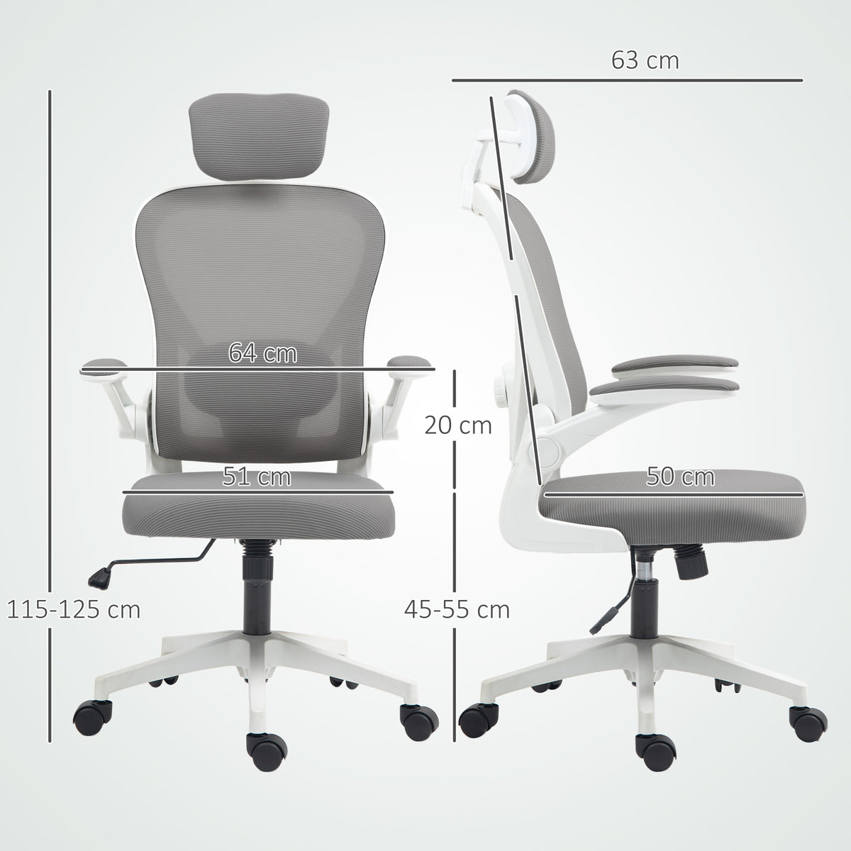 Cadeira de Escritório Giratória Cadeira de Escritório em Malha Transpirável com Altura Ajustável Apoio para a Cabeça e Suporte Lombar Ajustáveis Cadeira de Escritório Basculante Carga 120 kg 58x63x115-125 cm Cinza — foto 3