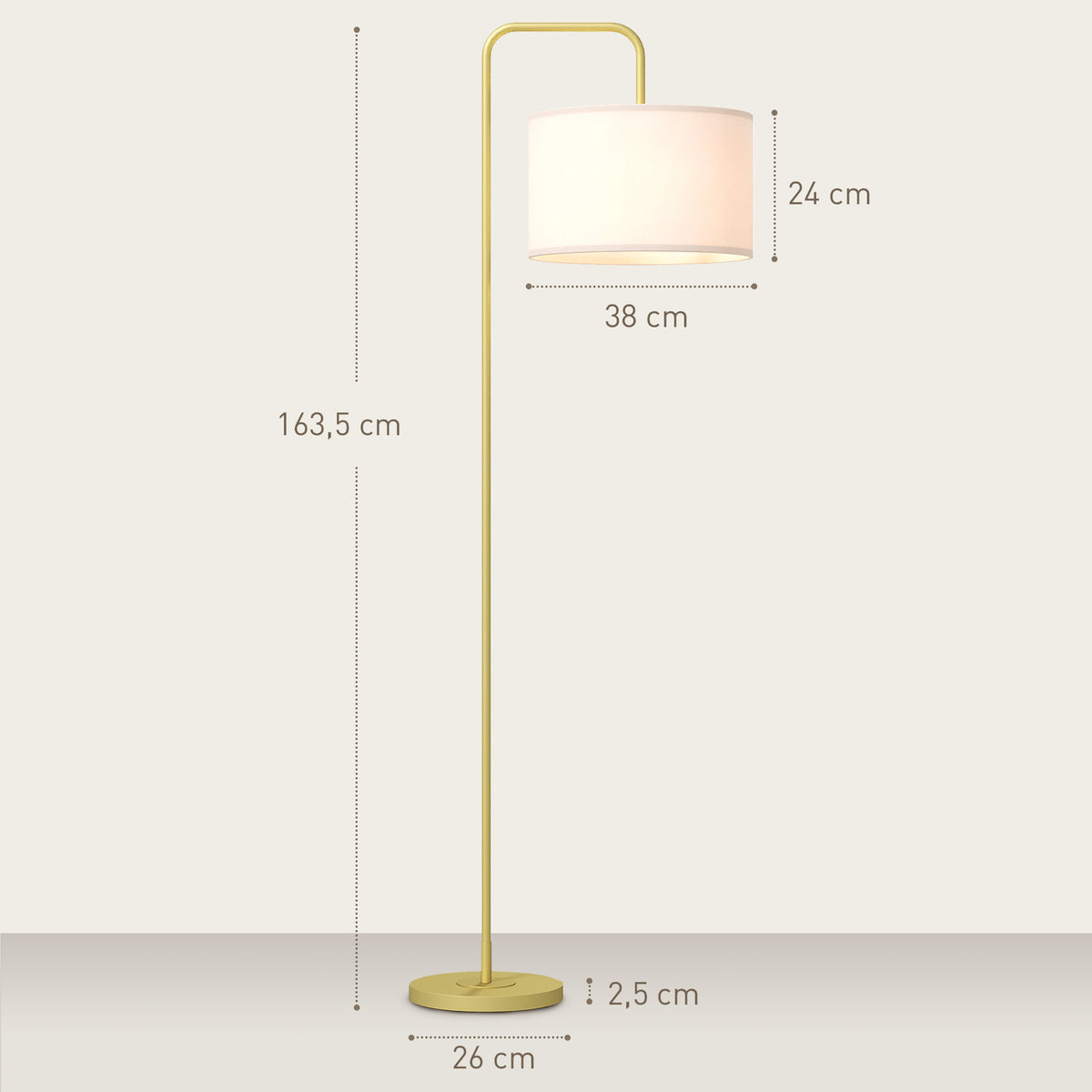 Candeeiro de Pé Moderno Lâmpada E27 Máx. 40W com Ecrã de Linho Estrutura de Aço e Interruptor de Pé Candeeiro de Leitura para Sala de Estar Dormitório 64x38x163,5 cm Branco e Dourado — foto 3