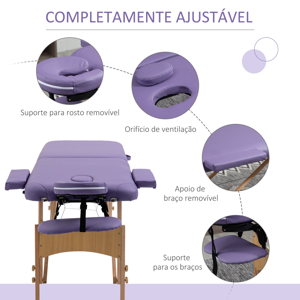 Marquesa de Massagem Dobrável Marquesa com Altura Ajustável 61-88 cm Desenho Ergonómico para Utilização Profissional Fácil de Transportar 185x60 cm Roxo — foto 5